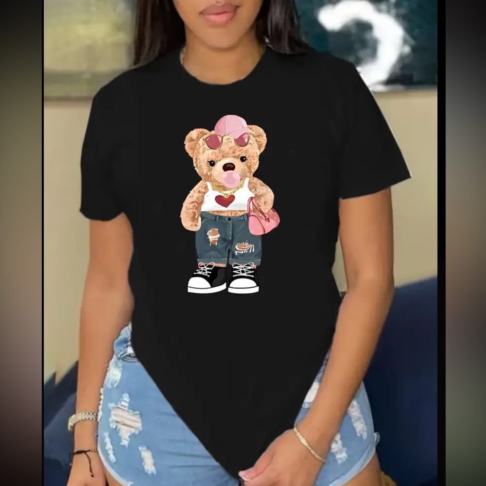 Vibrant Cartoon Bear Graphic Print Short Sleeve Crew Neck T-Shirt